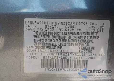 2020 Nissan Versa Sv Xtronic Cvt from USA, damaged, VIN 3N1CN8EV7LL801598